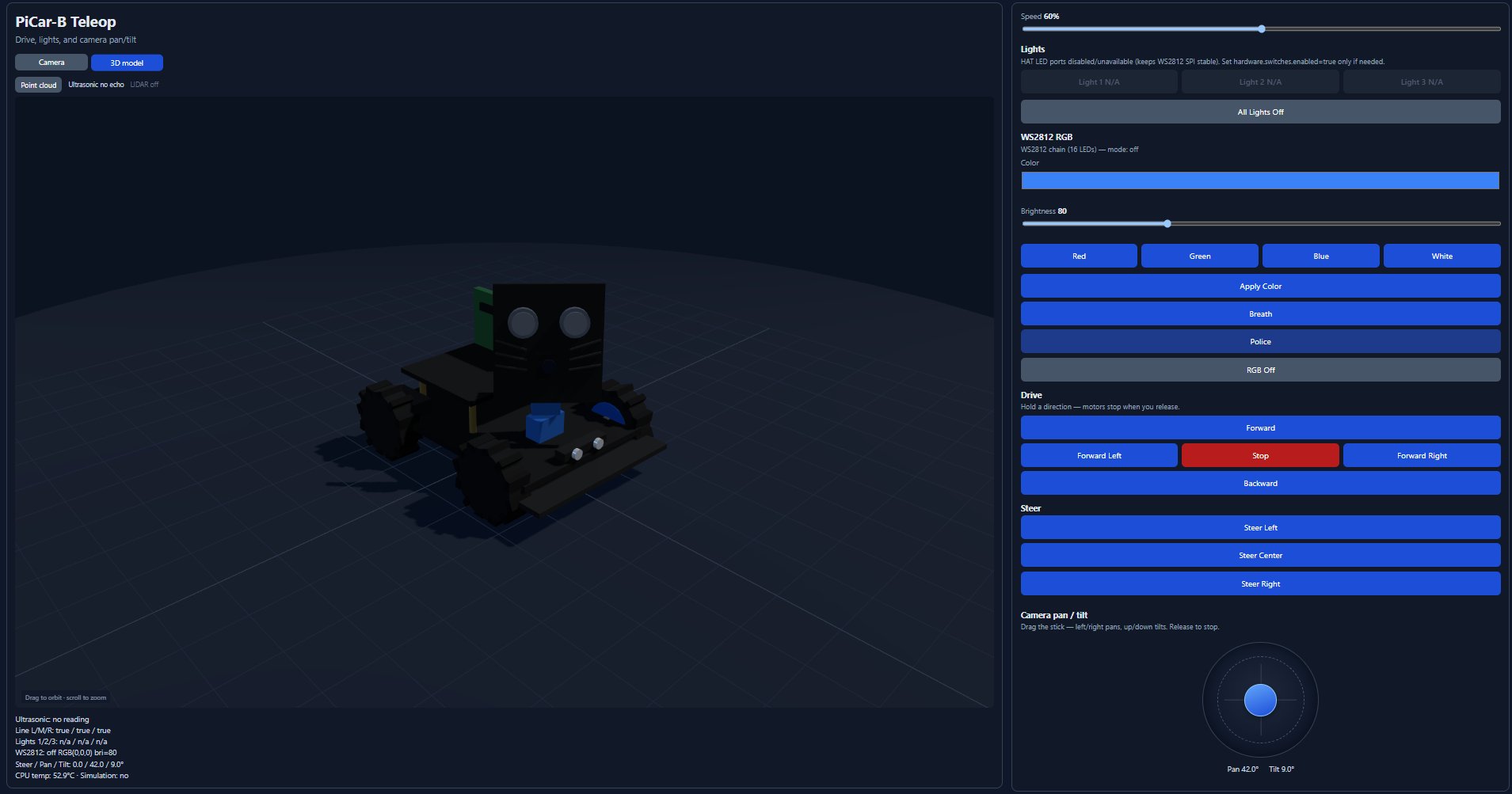 PiCar-B Teleop web UI showing the 3D robot model view alongside drive, lights, steering and pan/tilt controls